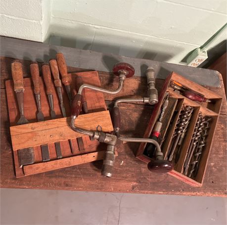 Antique Hand Drill, Old Chisels and Drill Bits
