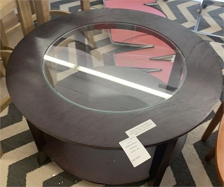 Coffee Color Round Corner Open Shelf Accent/Coffee Table W/Glass Top
