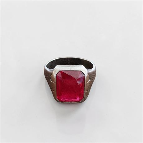 Art Deco Sterling Silver Unisex Ring W/Synthetic Pink Ruby Stone (Size 12)