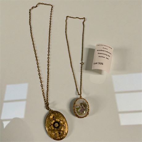 Fragonard-Style Porcelain Courting Couple Pendant Necklace & Gold Floral Locket