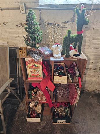 Mixed Christmas Lot: Wood Crafts, Ornaments, Lights & More