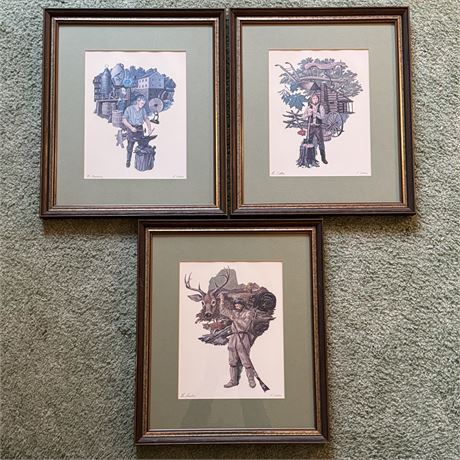 K. Lipstren Pencil Signed Framed Art Prints, Lot of 3 - 15 x 18"