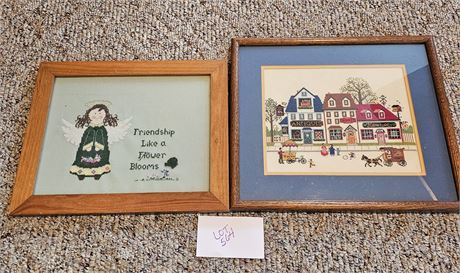 Framed Needle Work Art "Friendship" & "Town" Works