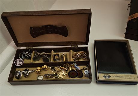 Trinket Box of Men's Unique Cuff Links & NEW Leather Wallet