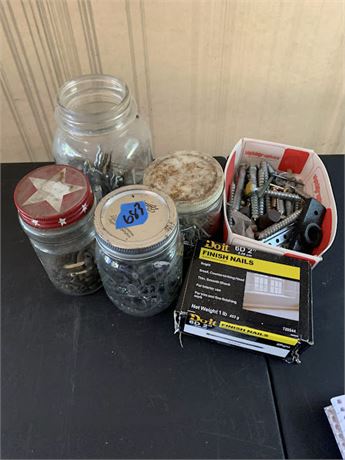 Hardware Lot Nails, Screws In Jars & Boxes