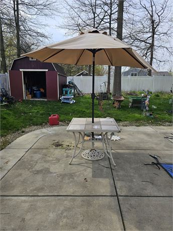 Metal & Tile Top Outdoor Table with 8' Umbrella & Stand
