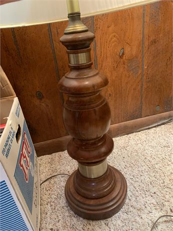 Vintage Turned Wood Lamp With White Pleated Shade