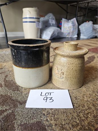Speckled Lidded Stoneware Crock & One Gallon Crock