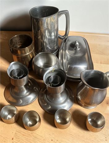 Pewter Tankards, Beakers, Lidded Butter Dish, Candle Holders & More