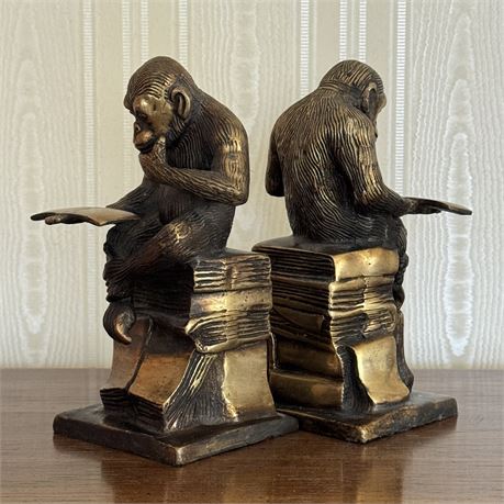 Pair of Brass/Bronze Bookends - Monkeys Reading