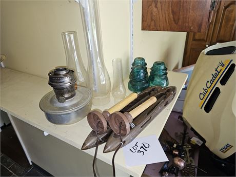 Mixed Antique Lot:Oil Lantern/Insulators & Wool Spindle Candle Holders