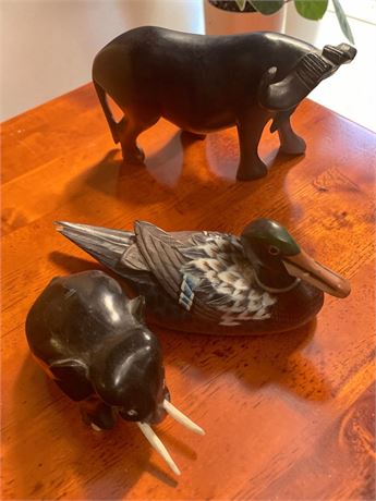 Carved Water Buffalo, Mallard Duck, Elephant Figurines