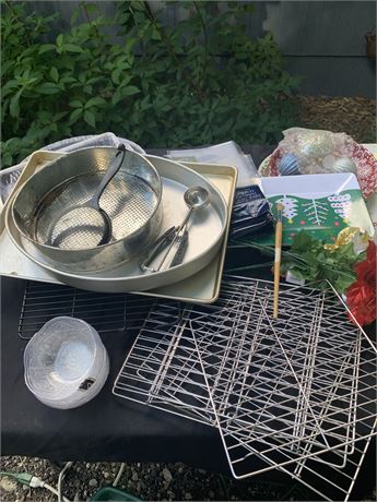 Bin of Baking Accessories and Cookie Trays