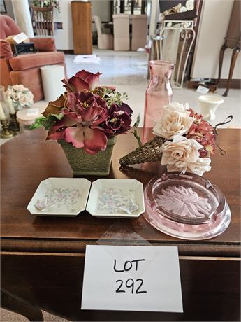 Mixed Shades of Pink Decor – Pink Depression Ashtray, Faux Floral, and More