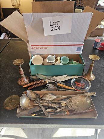 Mixed Silverplate Flatware, Brass Candle Holders, Sheffield Knives, Tea Set Crea