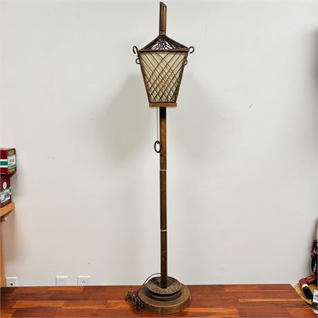 Very Cool Mid-Century Rattan and Wood Floor Lamp