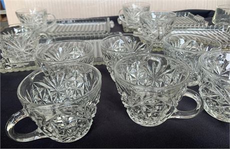 Clear Glass Snack Dessert Plates Smoke Trays and Punch Or Tea Cups Set of 15