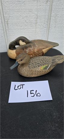 Wood Carved Duck Decoy Green Winged Teal & BH Wood Carved Signed Canadian Geese