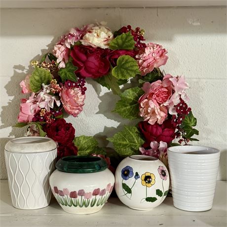 Artificial Floral Wreath and Ceramic Planters