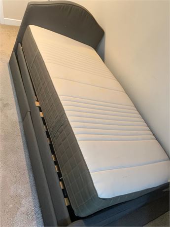 IKEA HAUGSVÄR Upholstered Single Bed Frame In Light Gray W/Quilted Mattress