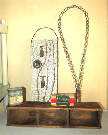 Assorted Vintage Decor: Rug Beater, Wood Box, Etc