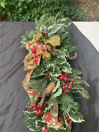 Green Pine Christmas Swag Decoration With Holly Berries Leaves Red & Gold Bow