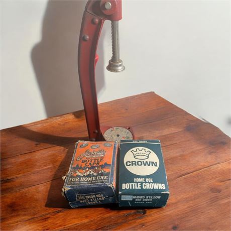 Vintage Bottle Capper and Boxes of Bottle Caps