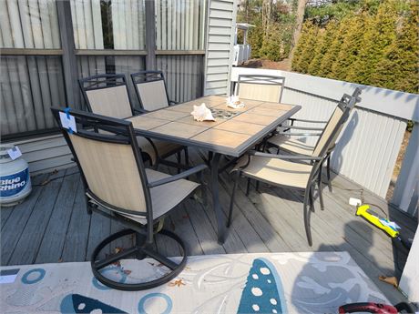 Outdoor Metal & Tile Top Table with 6 Highback Metal & Mesh Chairs