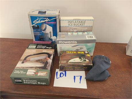 Mixed Clothing Care Lot: Clothes Shaver/Travel Irons/Vacuum Bags & More
