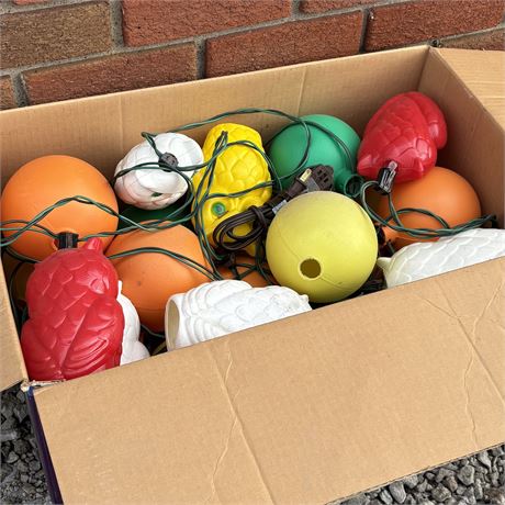 Box of Vintage Blow Mold String Light Owls and Balls/Spheres