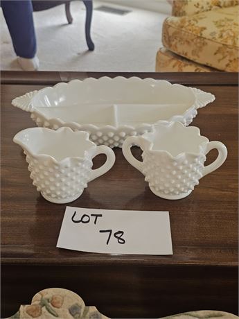 Fenton White Milk Glass Hobnail Creamer/Sugar & Relish Dish