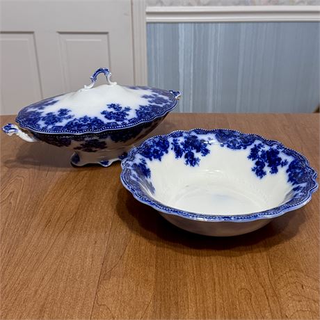 19th Century Grindley Osborne Flow Blue Serving Bowl & Covered Dish