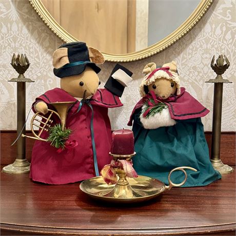 1990's Overly-Raker Soft Sculpture Christmas Mice & Brass Candle Holders