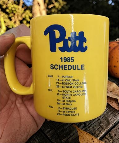 1985 Yellow Ceramic Coffee Mug University of Pittsburgh Pitt Script/Schedule