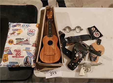 Buckaroo Cap Gun & Holster (AS-IS) & Kids Wood Guitar & More
