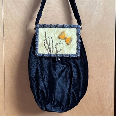 Lovely Art Deco Era Pressed Butterfly Velvet Handbag Purse