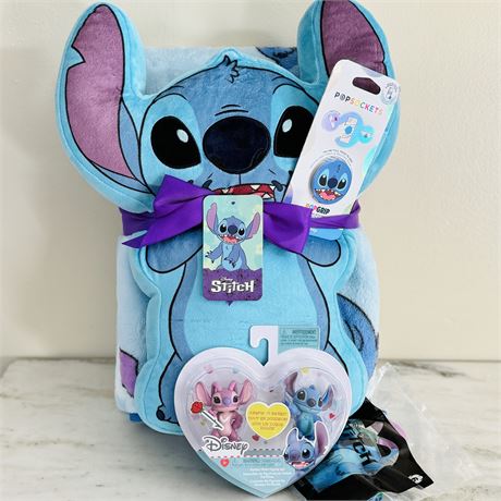 New Disney STITCH Gift Bundle! Throw Blanket/Plush Pillow, PopSocket & More!