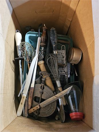 Large Box of Antique Kitchenware: Strainers / Whisks / Knife Sharpeners & More