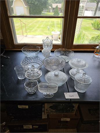 Large Lot of Mixed Clear Glass:Etched/Lidded Candy Dishes/Bowls & More