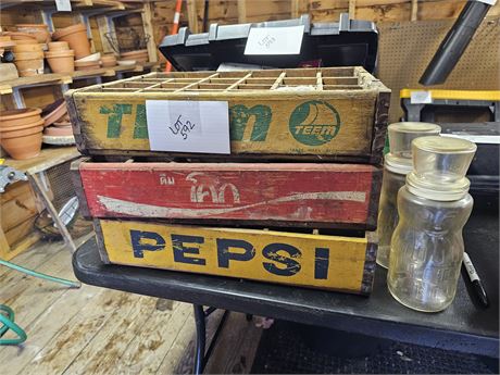 Wood Vintage Pepsi / Teem & Coke Crates & Mr. Peanut Glass Jars