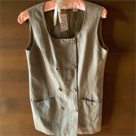 Vintage Anne Klein II Beige Linen Button Up Vest W/Matching Mini Wrap Skirt