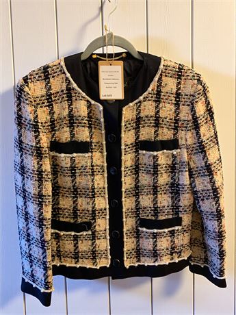 Louis Féraud Tweed Cropped Collarless Button Up Jacket. W/Faux Pearls Detail