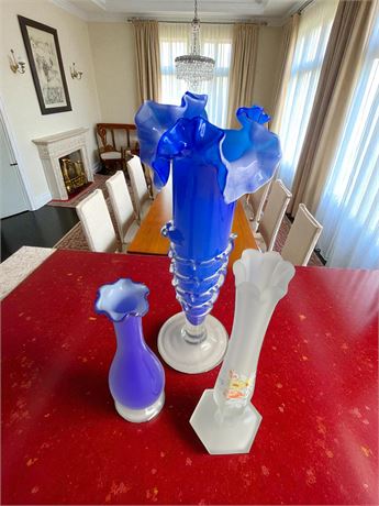 Cobalt Blue Ruffle Top Blown Glass Vase, Handkerchief Ruffle Vase,
