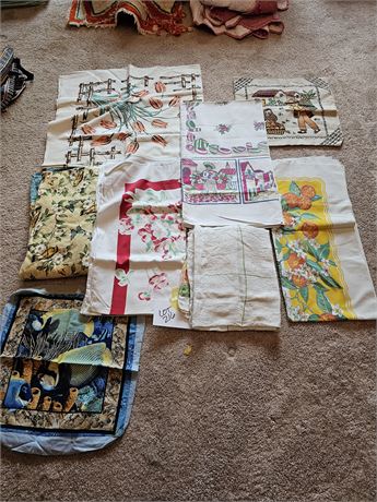 Mixed Vintage Table Cloths & Linens:Spring Cotton Mill/Orange Theme/Floral/Birds