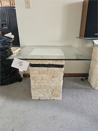 Postmodern Tessellated Stone & Travertine Beveled Glass Top End Table