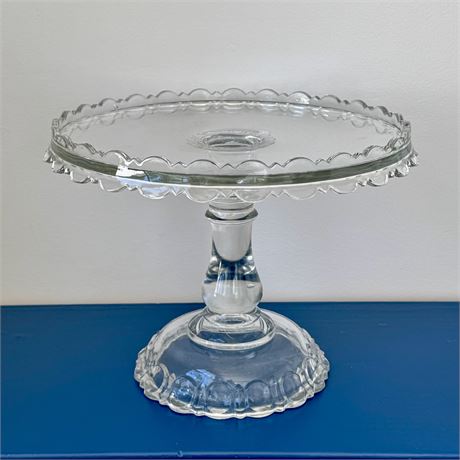 Antique EAPG Clear Glass Pedestal Cake Stand Scalloped Edge - 10 x 8”H