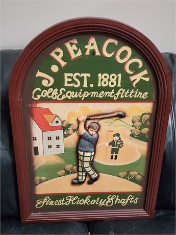 Old Advertising "JPeacock Golf Equipment Attire" Wooden Wall Plaque