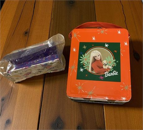 Barbie Christmas Candy Tin W/Handle & Barbie Style Napkin or Letter Holder