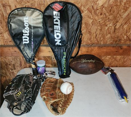 Sports Lot: Tennis Rackets, Football, Baseball gloves, etc