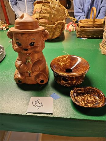 Bear Cookie Jar & Spatterware Brown Glaze Spittoon